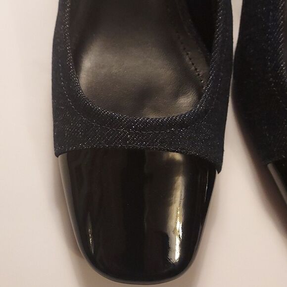 Spectator Pump Blue Denim and Black Patent Slingback block heel Size 7 - Picture 11 of 16